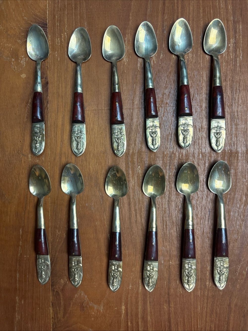 Vintage Siam Thailand Spoons Demitasse Mini 12pc Silverware Brass Wood Handle
